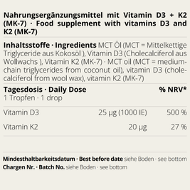Vitamin D3/K2 MK-7 Öl von neotes mit sichtbarem Etikett zu Inhaltsstoffen und Tagesdosis